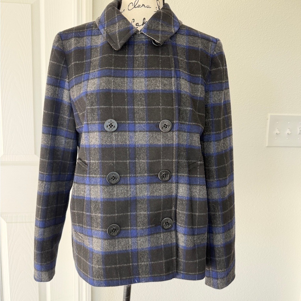 J.Crew Blue Grey Plaid‎ Wool Blend Pea Coat Jacket E2645 Size 8 Dark Academia - Picture 12 of 16